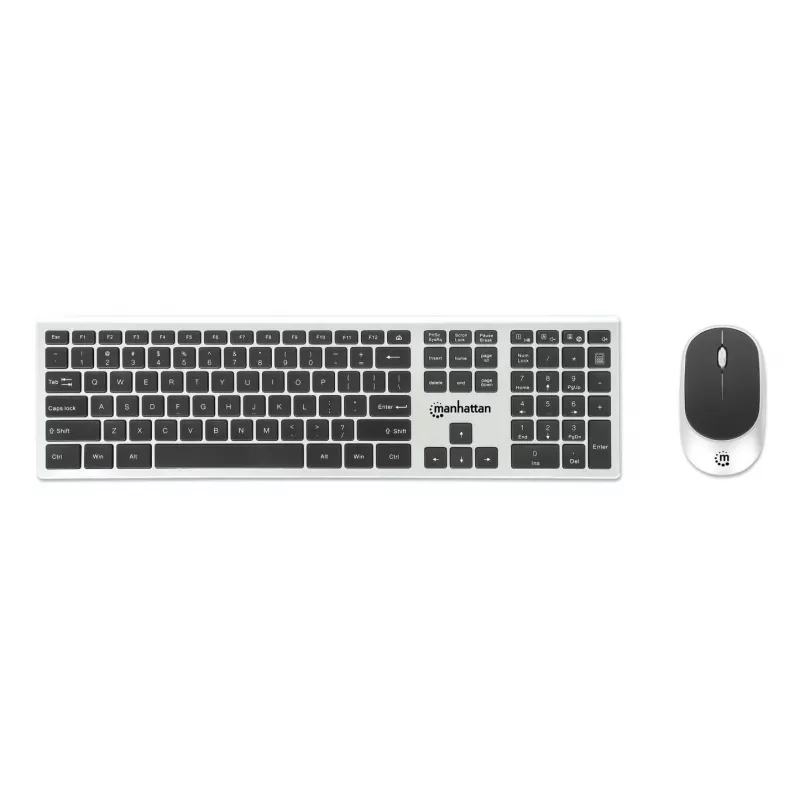 Manhattan Receptor nano USB-A individual para teclado inalámbrico de tamaño completo y ratón óptico ambidiestro de tres botones con rueda de desplazamiento, 1200 dpi, plata/negro