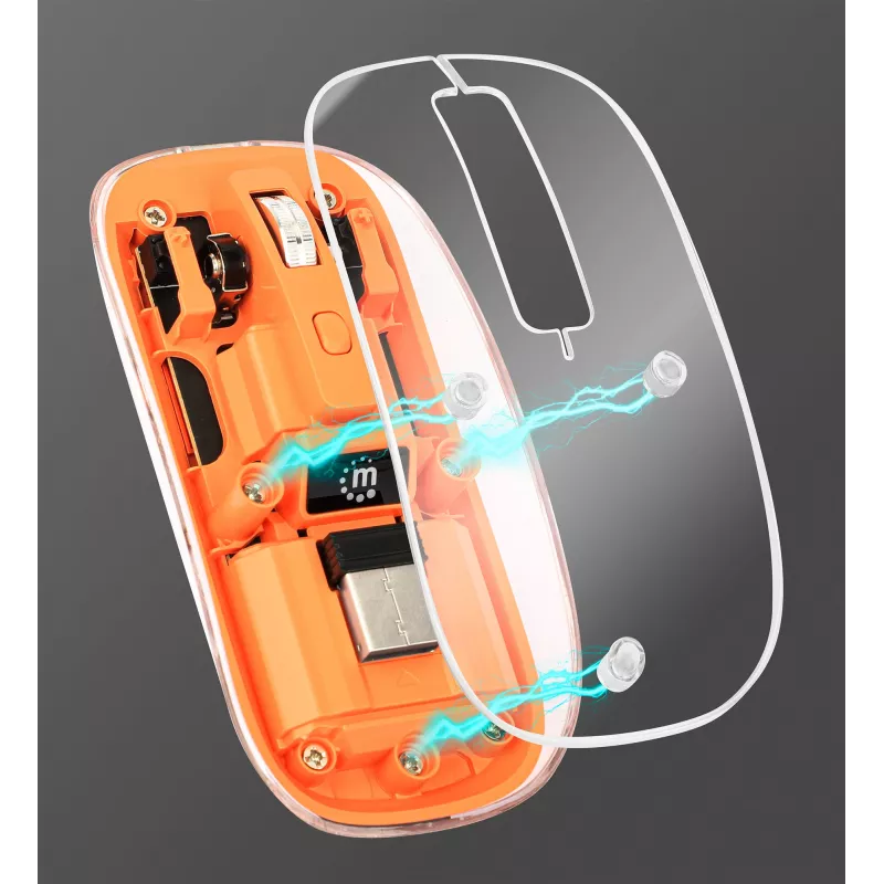 Manhattan Ratón inalámbrico recargable transparente, transparente/naranja, ajustable 800/1200/1600 dpi, con iluminación LED RGB, 2,4 GHz (alcance de hasta 10 m), USB, óptico, ambidiestro, cuatro botones con rueda de desplazamiento, diseño delgado, microreceptor USB-A, batería de ion-litio
