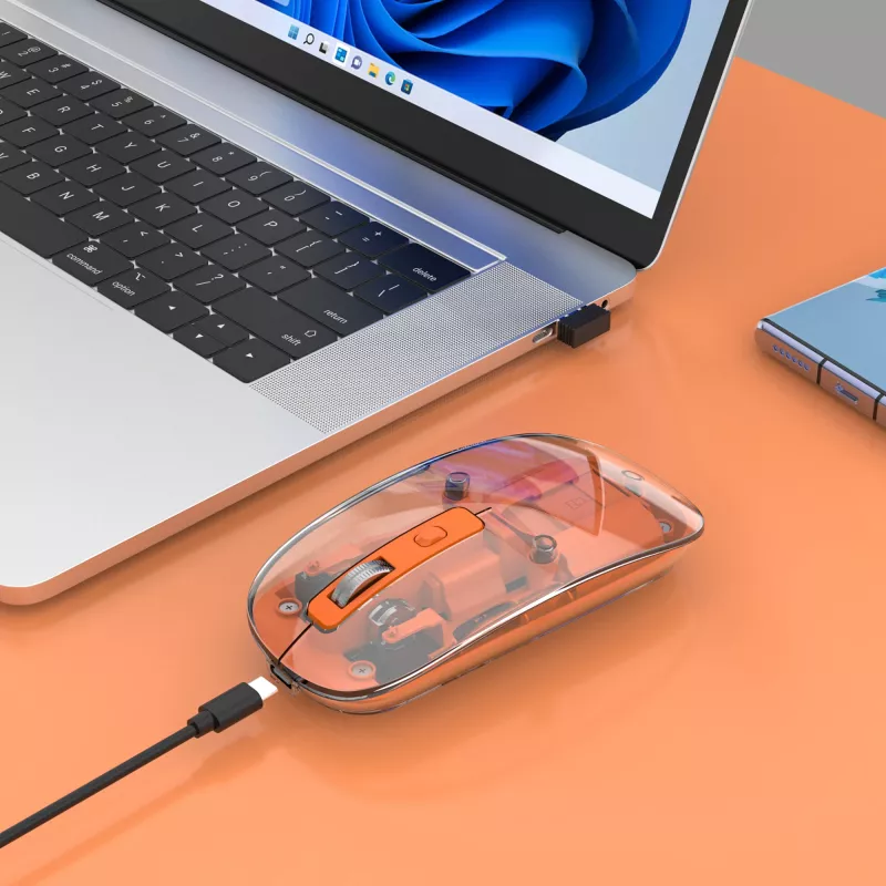 Manhattan Ratón inalámbrico recargable transparente, transparente/naranja, ajustable 800/1200/1600 dpi, con iluminación LED RGB, 2,4 GHz (alcance de hasta 10 m), USB, óptico, ambidiestro, cuatro botones con rueda de desplazamiento, diseño delgado, microreceptor USB-A, batería de ion-litio