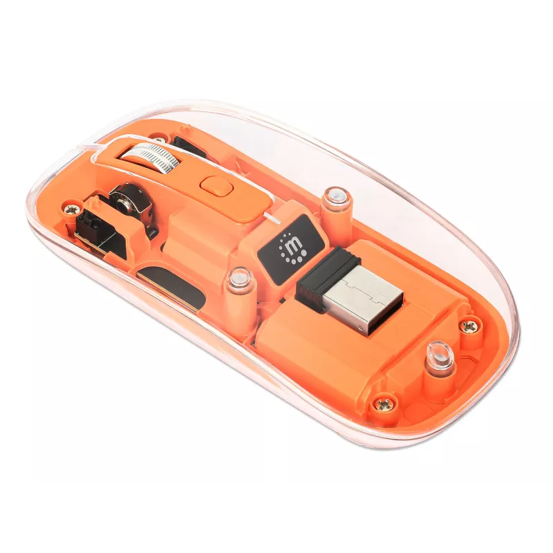 Manhattan Ratón inalámbrico recargable transparente, transparente/naranja, ajustable 800/1200/1600 dpi, con iluminación LED RGB, 2,4 GHz (alcance de hasta 10 m), USB, óptico, ambidiestro, cuatro botones con rueda de desplazamiento, diseño delgado, microreceptor USB-A, batería de ion-litio