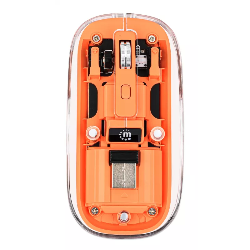 Manhattan Ratón inalámbrico recargable transparente, transparente/naranja, ajustable 800/1200/1600 dpi, con iluminación LED RGB, 2,4 GHz (alcance de hasta 10 m), USB, óptico, ambidiestro, cuatro botones con rueda de desplazamiento, diseño delgado, microreceptor USB-A, batería de ion-litio