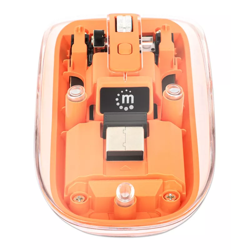 Manhattan Ratón inalámbrico recargable transparente, transparente/naranja, ajustable 800/1200/1600 dpi, con iluminación LED RGB, 2,4 GHz (alcance de hasta 10 m), USB, óptico, ambidiestro, cuatro botones con rueda de desplazamiento, diseño delgado, microreceptor USB-A, batería de ion-litio