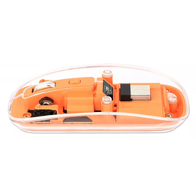 Manhattan Ratón inalámbrico recargable transparente, transparente/naranja, ajustable 800/1200/1600 dpi, con iluminación LED RGB, 2,4 GHz (alcance de hasta 10 m), USB, óptico, ambidiestro, cuatro botones con rueda de desplazamiento, diseño delgado, microreceptor USB-A, batería de ion-litio