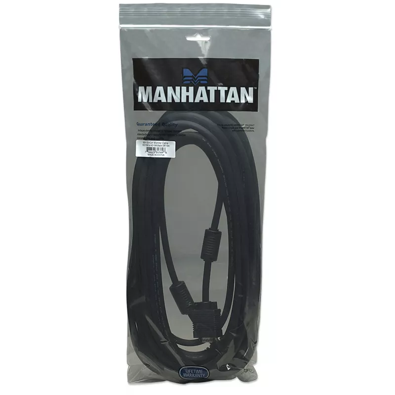 Manhattan Cable de monitor VGA (con núcleos de ferrita), 10 m, negro, conector macho a conector macho, HD15, cable con especificación SVGA superior (totalmente compatible), el apantallamiento con núcleos de ferrita ayuda a minimizar las interferencias electromagnéticas y mejorar la transmisión de vídeo, garantía de por vida