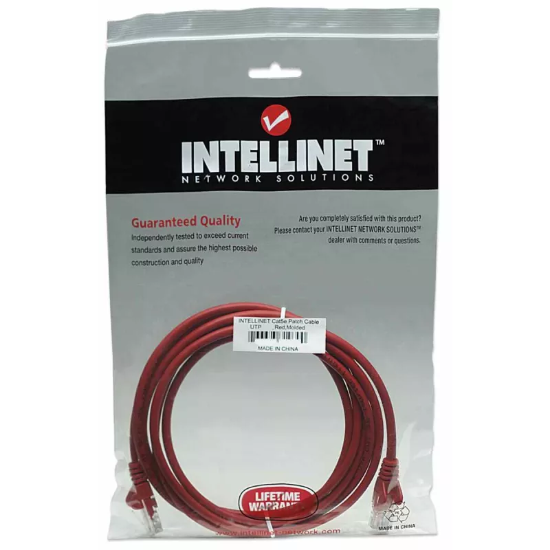 Intellinet Cable de red patch, Cat5e, 5 m, rojo, CCA, U/UTP, PVC, RJ45, contactos dorados, sin lengüeta, funda antipinzamiento, garantía de por vida