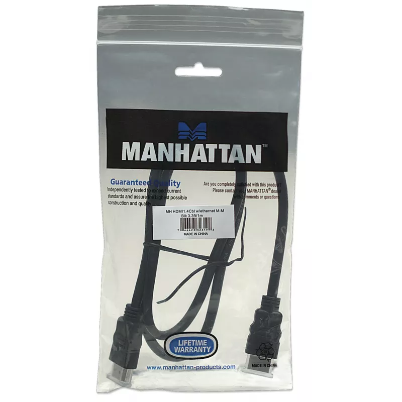 Manhattan Cable HDMI 4K@30Hz con Ethernet, 1 m, apto para TODAS las aplicaciones 1080p/HD y la mayoría de 4K (comprueba la especificación 4K de tu sistema para asegurarte), conector macho a conector macho, negro, Ultra HD 4K x 2K, garantía de por vida, alta velocidad, equivalente a HDMM1MHS