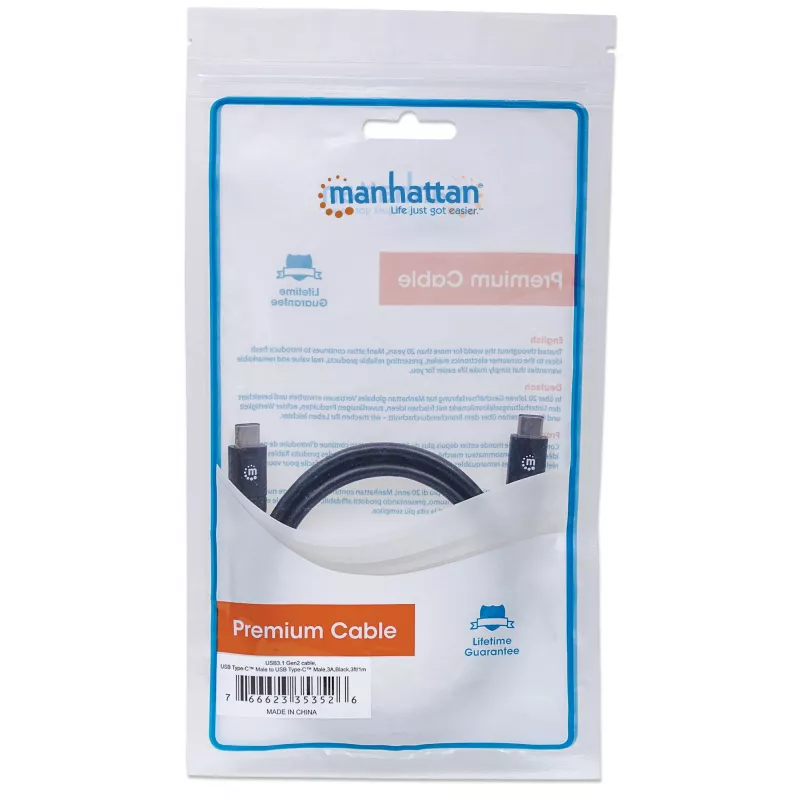 Manhattan Cable USB-C a USB-C, 1 m, conector macho a conector macho, negro, 10 Gbit/s (USB 3.2 Gen 2, también conocido como USB 3.1), 3 A (carga rápida), SuperSpeed+ USB, garantía de por vida, equivalente a USB31CC1M