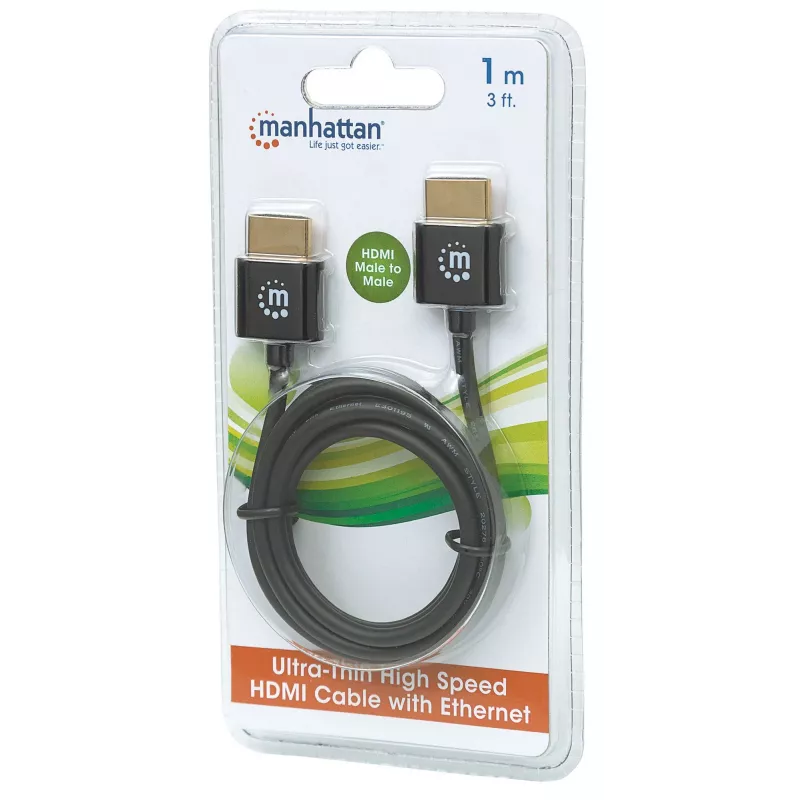 Manhattan Cable HDMI con Ethernet (ultrafino), 4K@60Hz (Premium High Speed), 1 m, conector macho a conector macho, negro, Ultra HD 4K x 2K, totalmente apantallado, contactos con baño de oro, garantía de por vida