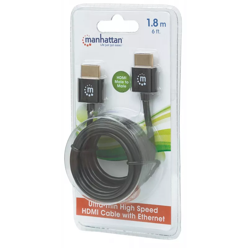 Manhattan Cable HDMI con Ethernet (ultrafino), 4K@60Hz (Premium High Speed), 1,8 m, conector macho a conector macho, negro, Ultra HD 4K x 2K, totalmente apantallado, contactos con baño de oro, garantía de por vida