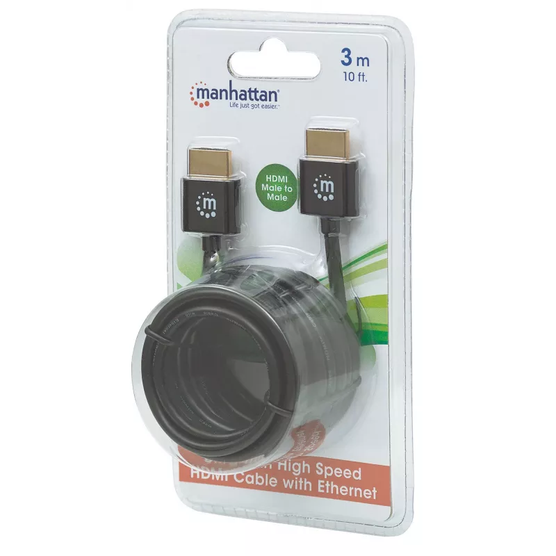 Manhattan Cable HDMI con Ethernet (ultrafino), 4K@60Hz (Premium High Speed), 3 m, conector macho a conector macho, negro, Ultra HD 4K x 2K, totalmente apantallado, contactos con baño de oro, garantía de por vida