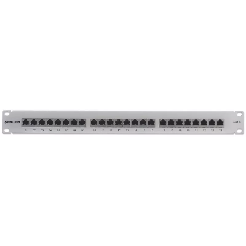 Intellinet Panel de parcheo, Cat6, FTP, 24 puertos, 1U, apantallado, regletas LSA de entrada superior a 90°, gris