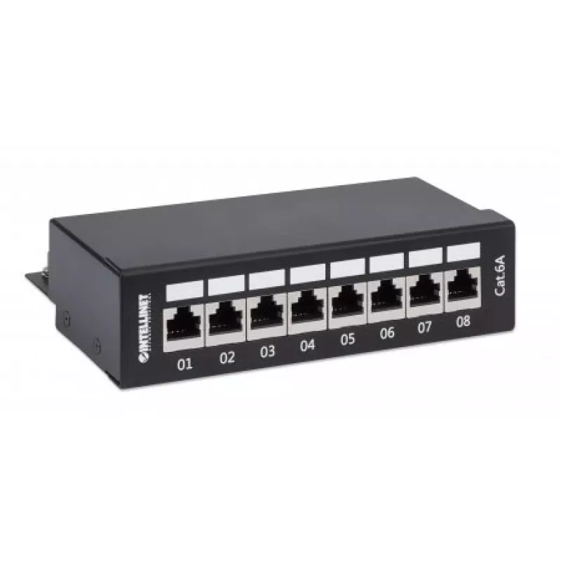 Intellinet Panel de parcheo, Cat6a, FTP, 8 puertos, sobremesa, apantallado, regletas LSA de entrada superior a 90°, negro