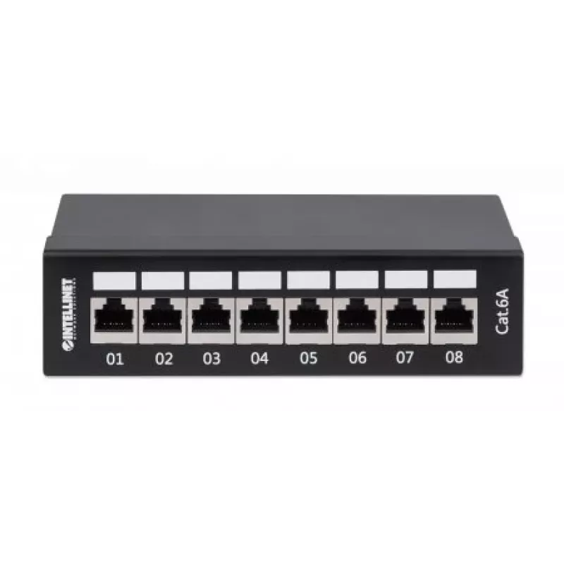 Intellinet Panel de parcheo, Cat6a, FTP, 8 puertos, sobremesa, apantallado, regletas LSA de entrada superior a 90°, negro