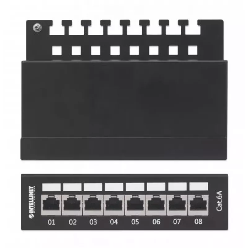 Intellinet Panel de parcheo, Cat6a, FTP, 8 puertos, sobremesa, apantallado, regletas LSA de entrada superior a 90°, negro