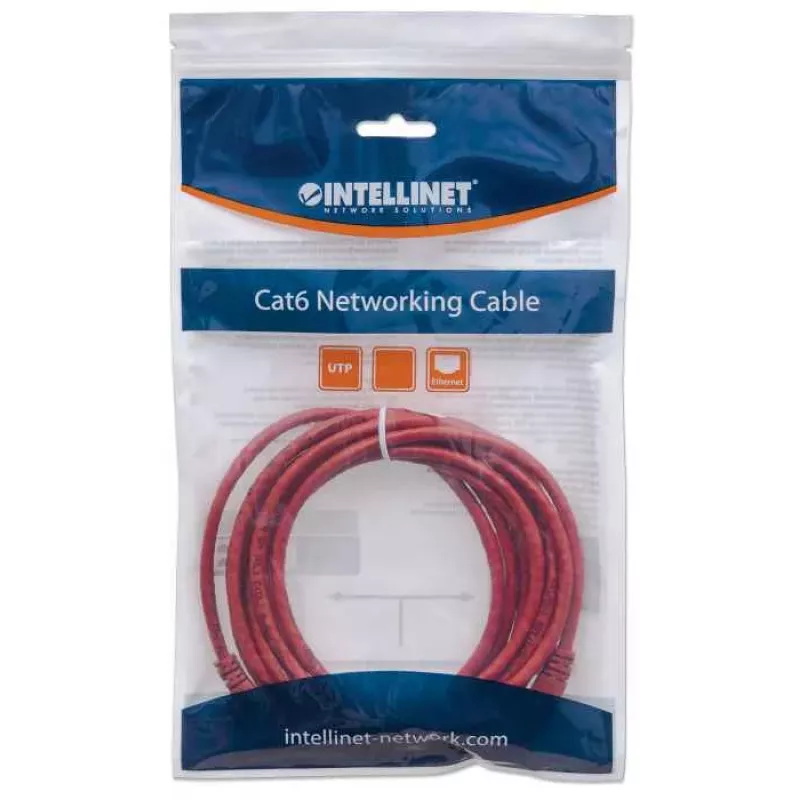 Intellinet Cable de red de parcheo, Cat6, 0,5 m, rojo, CCA, U/UTP, PVC, RJ45, contactos dorados, sin lengüeta, protector antiacodamiento moldeado, garantía de por vida