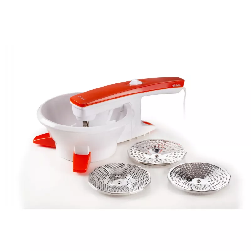 Ariete 261 Passì – Pasapurés eléctrico – 3 discos de acero inoxidable – adaptable a cualquier recipiente – 25 vatios – Blanco y naranja