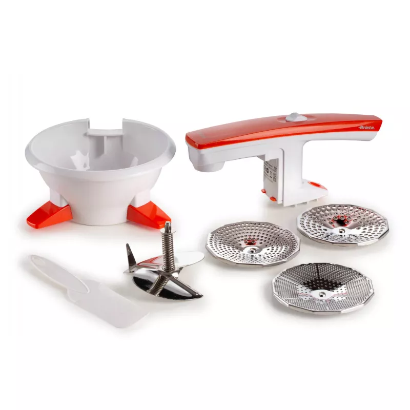 Ariete 261 Passì – Pasapurés eléctrico – 3 discos de acero inoxidable – adaptable a cualquier recipiente – 25 vatios – Blanco y naranja