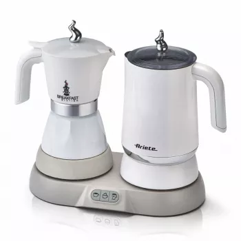 Ariete 1344 Breakfast Station, 3 aparatos en 1: cafetera moka, hervidor de agua, espumador de leche para leche caliente y fría, 500 W, 2/4 tazas, mantiene el café caliente, 5 funciones, blanco