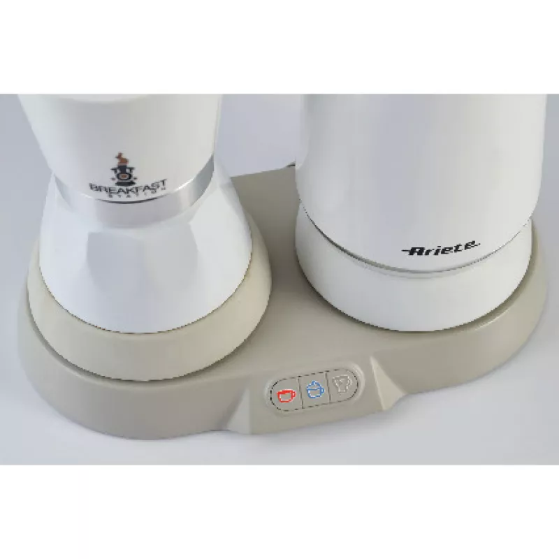 Ariete 1344 Breakfast Station, 3 aparatos en 1: cafetera moka, hervidor de agua, espumador de leche para leche caliente y fría, 500 W, 2/4 tazas, mantiene el café caliente, 5 funciones, blanco