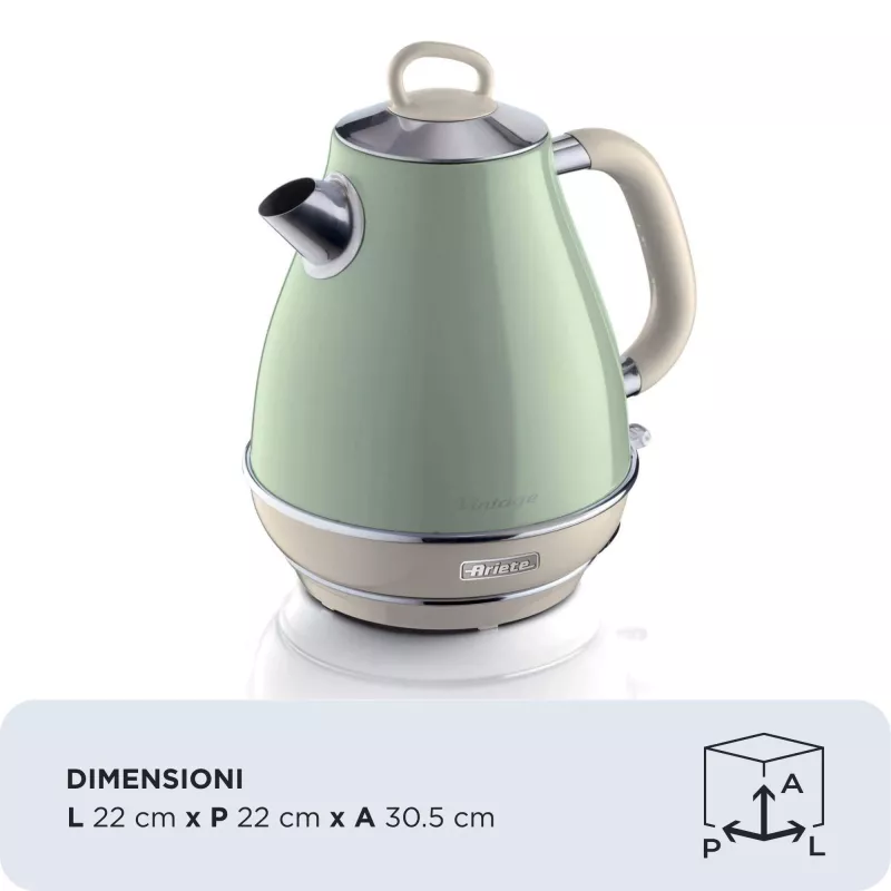 Ariete 2869 Hervidor de agua Vintage, acero inoxidable, 1,7 l, apagado automático, 2000 W, para agua, té e infusiones de hierbas, verde pastel