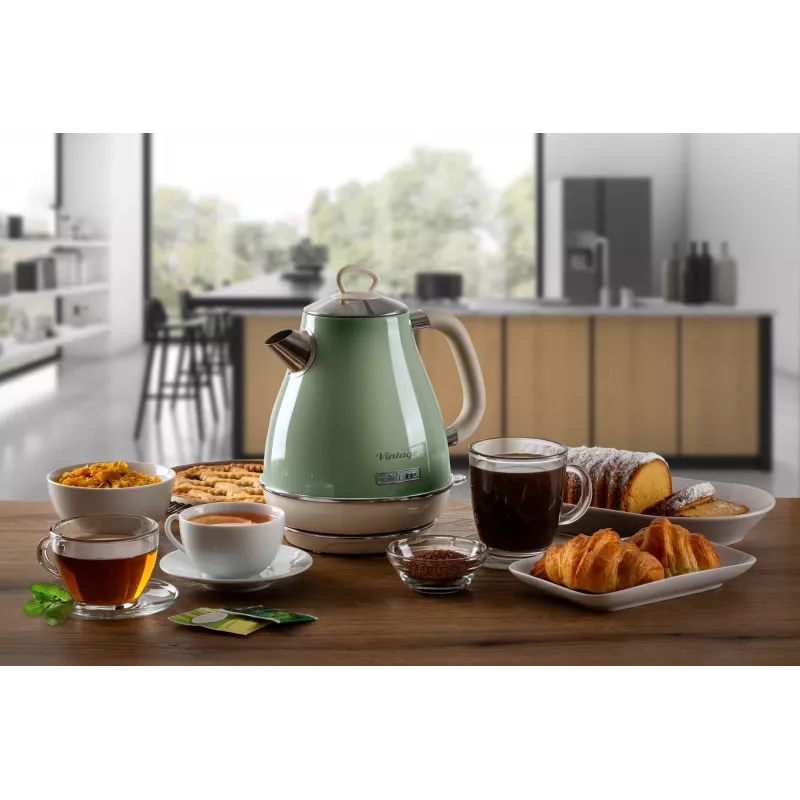 Ariete 2869 Hervidor de agua Vintage, acero inoxidable, 1,7 l, apagado automático, 2000 W, para agua, té e infusiones de hierbas, verde pastel