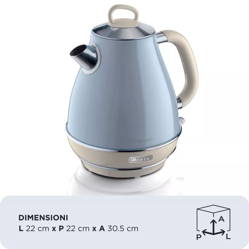 Ariete 2869 Hervidor de agua Vintage, acero inoxidable, 1,7 L, apagado automático, 2000 W, para agua, té e infusiones de hierbas, azul pastel
