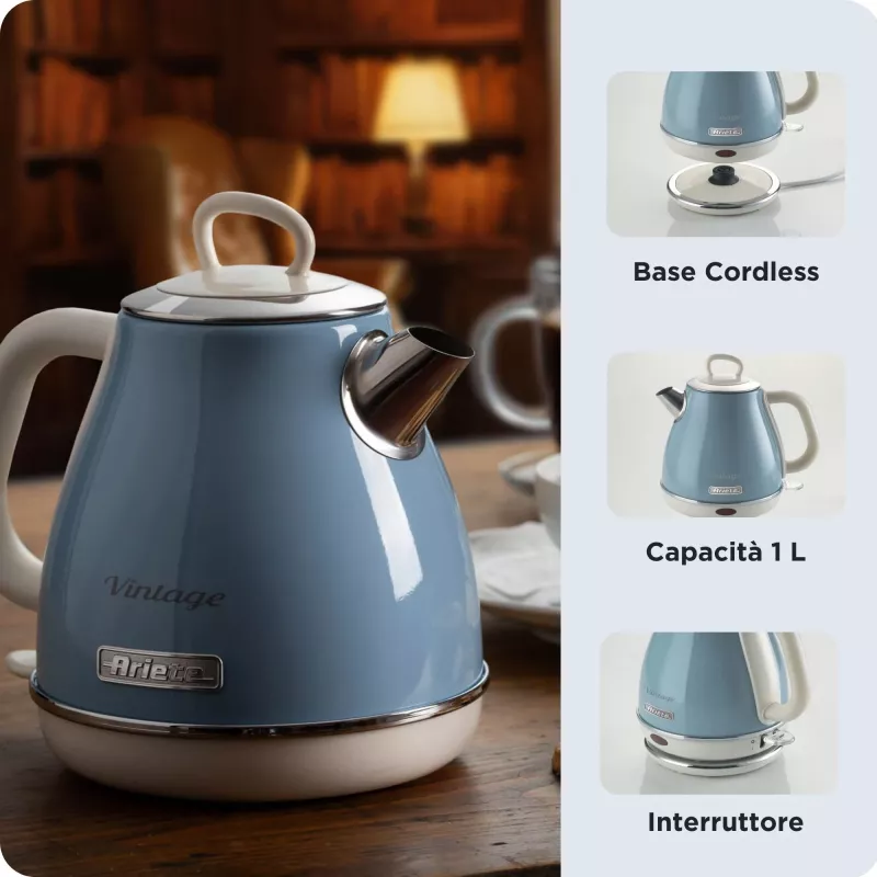 Ariete 2869 Hervidor de agua Vintage, acero inoxidable, 1,7 L, apagado automático, 2000 W, para agua, té e infusiones de hierbas, azul pastel