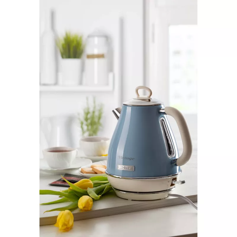 Ariete 2869 Hervidor de agua Vintage, acero inoxidable, 1,7 L, apagado automático, 2000 W, para agua, té e infusiones de hierbas, azul pastel