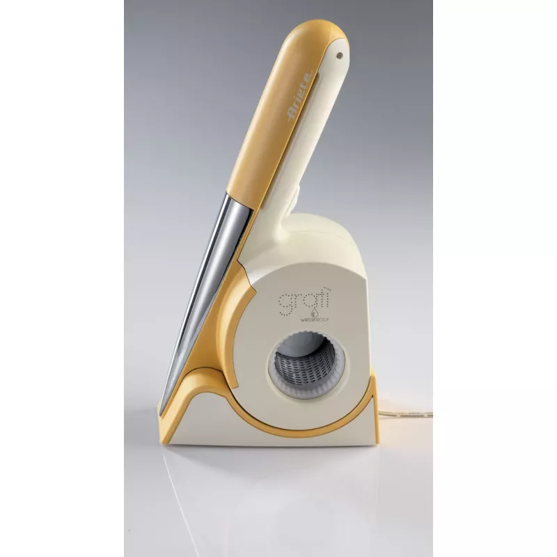 Ariete 457 Gratì Waterproof – Rallador eléctrico resistente al agua – Inalámbrico – Lavable bajo el grifo – 2 rodillos de acero inoxidable – blanco y amarillo