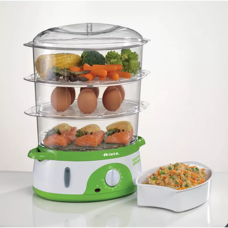 Ariete 911 Healthy Steam - Vaporera eléctrica - 3 cestas - Recipiente para arroz - Temporizador 60 min. - 800 vatios - 9 litros - blanco y verde