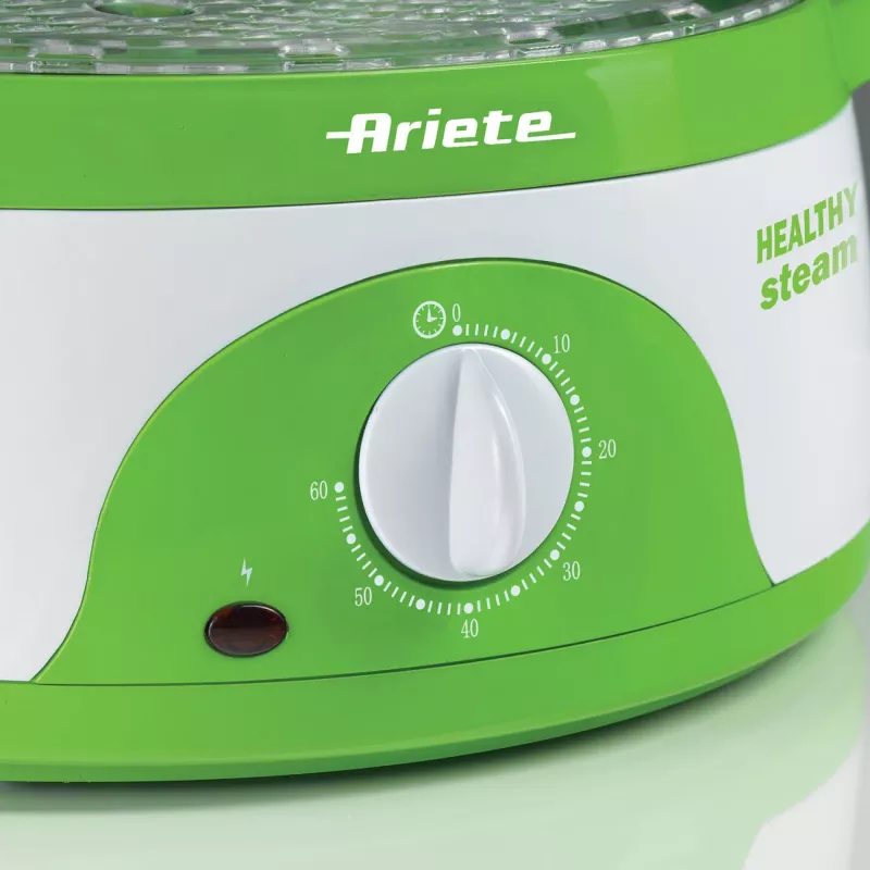 Ariete 911 Healthy Steam - Vaporera eléctrica - 3 cestas - Recipiente para arroz - Temporizador 60 min. - 800 vatios - 9 litros - blanco y verde
