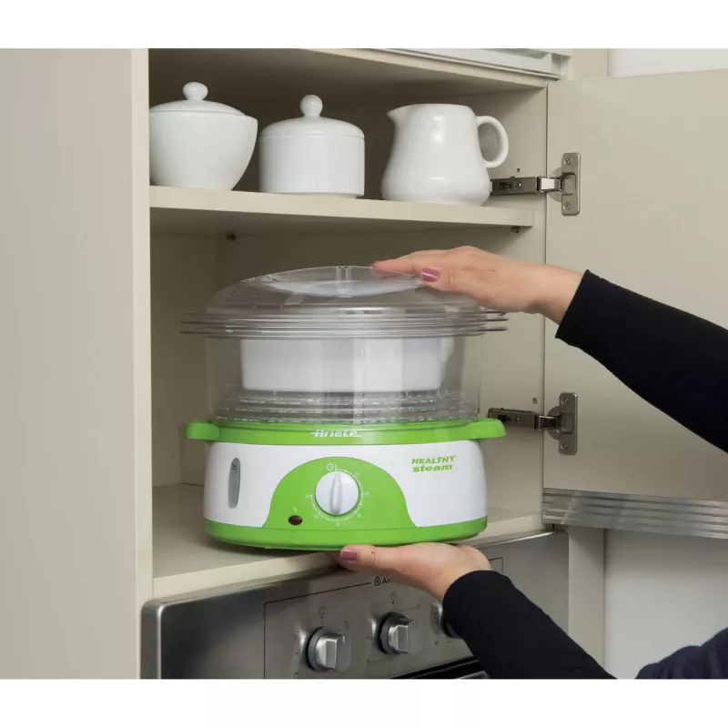 Ariete 911 Healthy Steam - Vaporera eléctrica - 3 cestas - Recipiente para arroz - Temporizador 60 min. - 800 vatios - 9 litros - blanco y verde