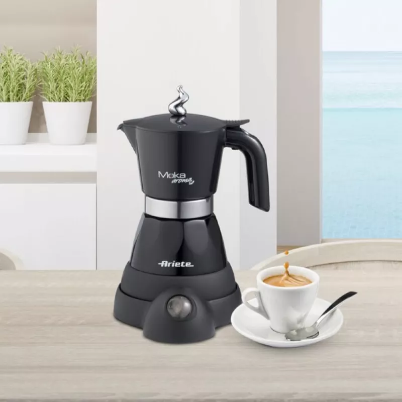 Ariete 1368 Moka Aroma, Cafetera moka eléctrica, 4/6 tazas, 480 W, apagado automático, mantiene la temperatura a 30 grados, negro