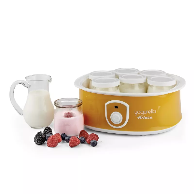 Ariete 617 Yogurella – Yogurtera eléctrica – 7 vasos de vidrio – 1,3 kg de yogur casero – 20 vatios – blanco y amarillo