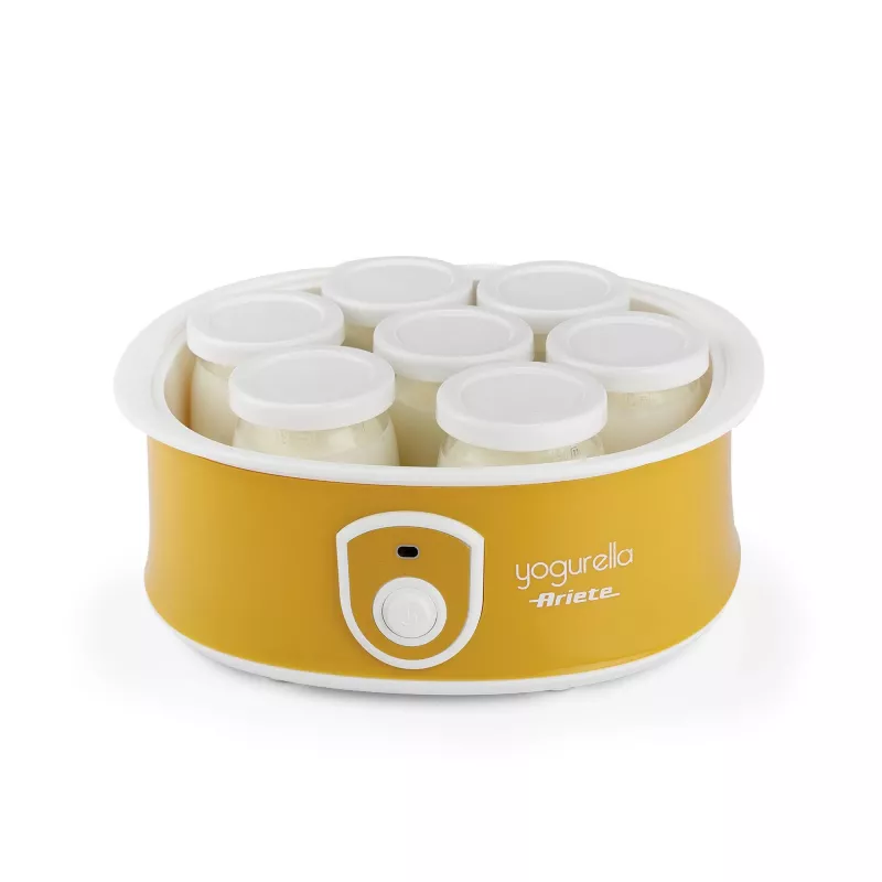 Ariete 617 Yogurella – Yogurtera eléctrica – 7 vasos de vidrio – 1,3 kg de yogur casero – 20 vatios – blanco y amarillo