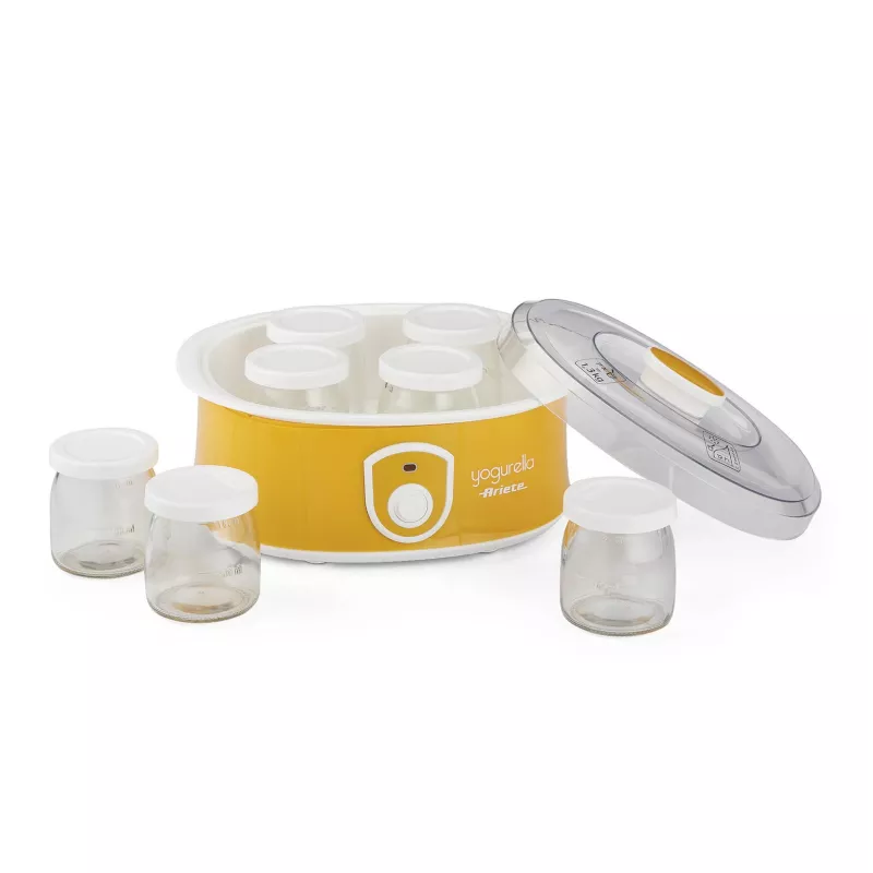 Ariete 617 Yogurella – Yogurtera eléctrica – 7 vasos de vidrio – 1,3 kg de yogur casero – 20 vatios – blanco y amarillo