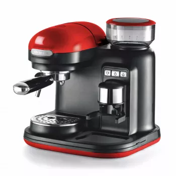Ariete 1318 Moderna Cafetera espresso con molinillo de café integrado, para granos de café y café molido, espumador de leche Cappuccinatore, filtro para 1 y 2 tazas, 1080 W, 800 ml, rojo