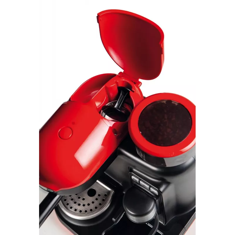Ariete 1318 Moderna Cafetera espresso con molinillo de café integrado, para granos de café y café molido, espumador de leche Cappuccinatore, filtro para 1 y 2 tazas, 1080 W, 800 ml, rojo
