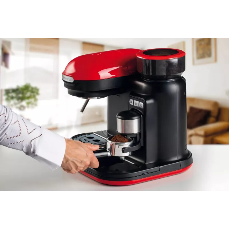 Ariete 1318 Moderna Cafetera espresso con molinillo de café integrado, para granos de café y café molido, espumador de leche Cappuccinatore, filtro para 1 y 2 tazas, 1080 W, 800 ml, rojo