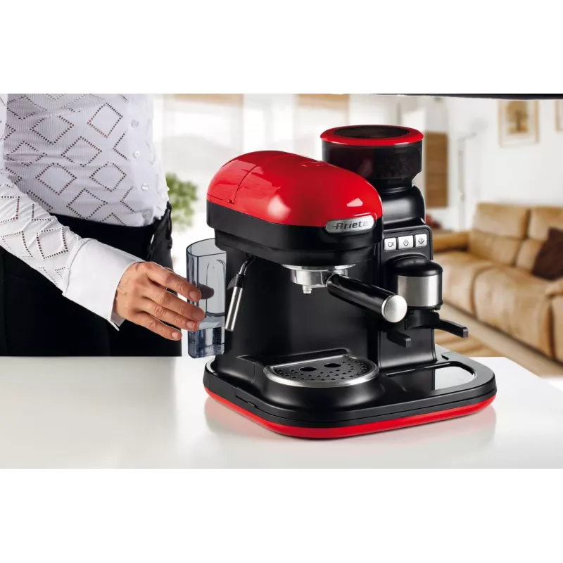 Ariete 1318 Moderna Cafetera espresso con molinillo de café integrado, para granos de café y café molido, espumador de leche Cappuccinatore, filtro para 1 y 2 tazas, 1080 W, 800 ml, rojo