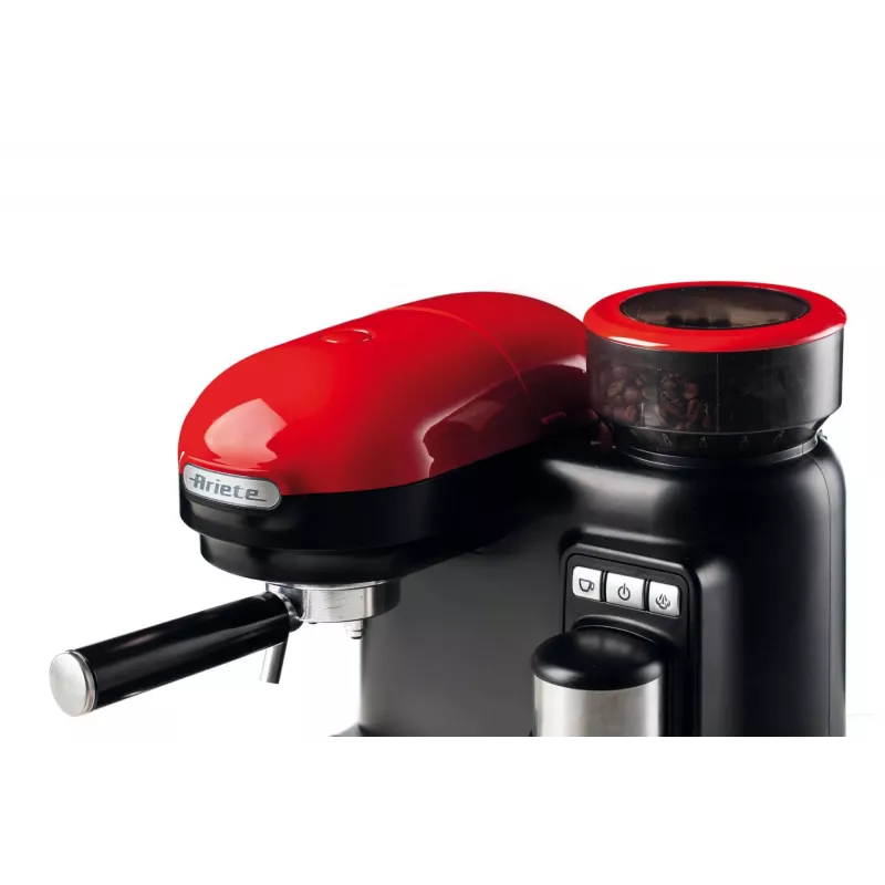 Ariete 1318 Moderna Cafetera espresso con molinillo de café integrado, para granos de café y café molido, espumador de leche Cappuccinatore, filtro para 1 y 2 tazas, 1080 W, 800 ml, rojo