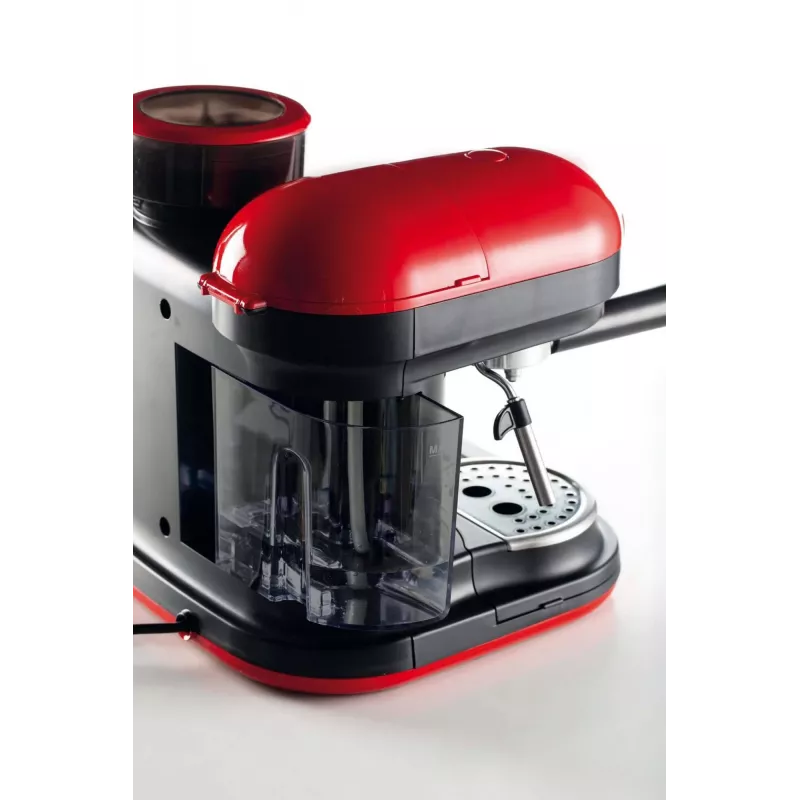 Ariete 1318 Moderna Cafetera espresso con molinillo de café integrado, para granos de café y café molido, espumador de leche Cappuccinatore, filtro para 1 y 2 tazas, 1080 W, 800 ml, rojo
