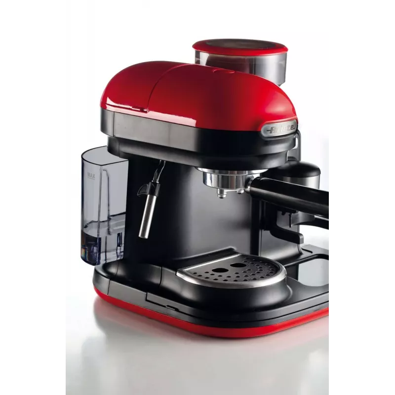 Ariete 1318 Moderna Cafetera espresso con molinillo de café integrado, para granos de café y café molido, espumador de leche Cappuccinatore, filtro para 1 y 2 tazas, 1080 W, 800 ml, rojo