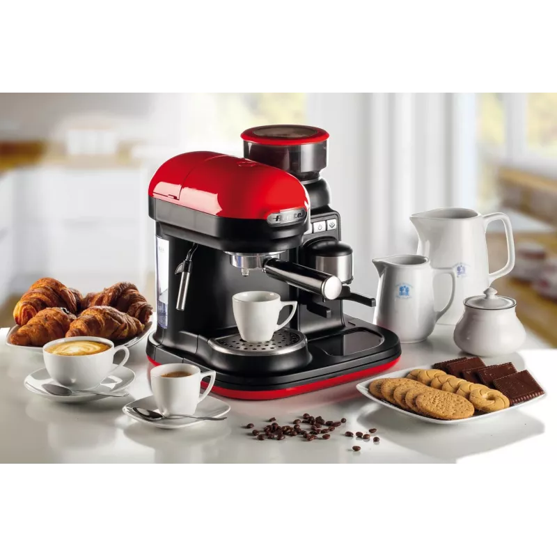 Ariete 1318 Moderna Cafetera espresso con molinillo de café integrado, para granos de café y café molido, espumador de leche Cappuccinatore, filtro para 1 y 2 tazas, 1080 W, 800 ml, rojo