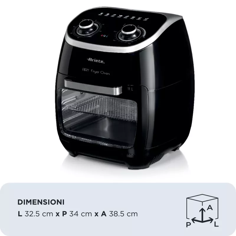 Ariete 4619 Airy Fryer Horno – Freidora de aire y horno eléctrico con asador giratorio – Cesta giratoria – Deshidratador – 2000 vatios – 11 litros – acero