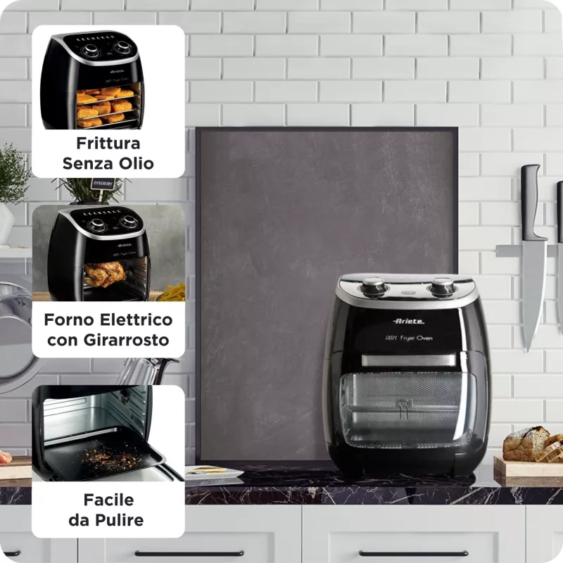 Ariete 4619 Airy Fryer Horno – Freidora de aire y horno eléctrico con asador giratorio – Cesta giratoria – Deshidratador – 2000 vatios – 11 litros – acero