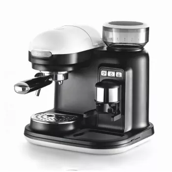 Ariete 1318 Moderna Cafetera espresso con molinillo de café integrado, para granos de café y café molido, boquilla espumadora de leche para capuchino, filtro para 1 y 2 tazas, 1080 W, 800 cc, blanco