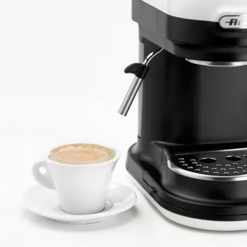 Ariete 1318 Moderna Cafetera espresso con molinillo de café integrado, para granos de café y café molido, boquilla espumadora de leche para capuchino, filtro para 1 y 2 tazas, 1080 W, 800 cc, blanco