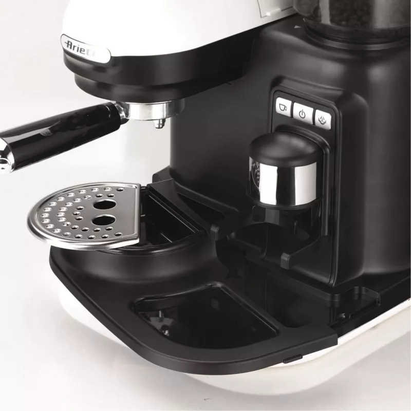 Ariete 1318 Moderna Cafetera espresso con molinillo de café integrado, para granos de café y café molido, boquilla espumadora de leche para capuchino, filtro para 1 y 2 tazas, 1080 W, 800 cc, blanco