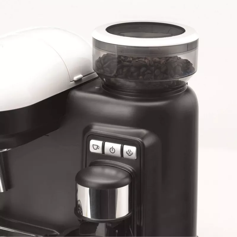 Ariete 1318 Moderna Cafetera espresso con molinillo de café integrado, para granos de café y café molido, boquilla espumadora de leche para capuchino, filtro para 1 y 2 tazas, 1080 W, 800 cc, blanco